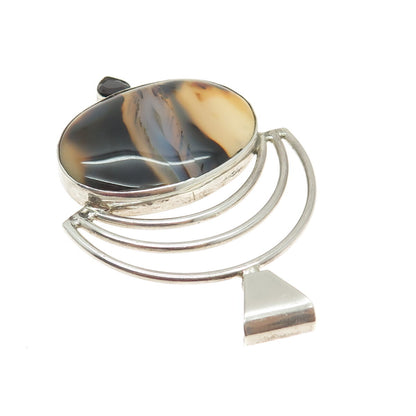 925 Sterling Silver Vintage Picture Agate & Red Garnet Gem Modernist Pendant