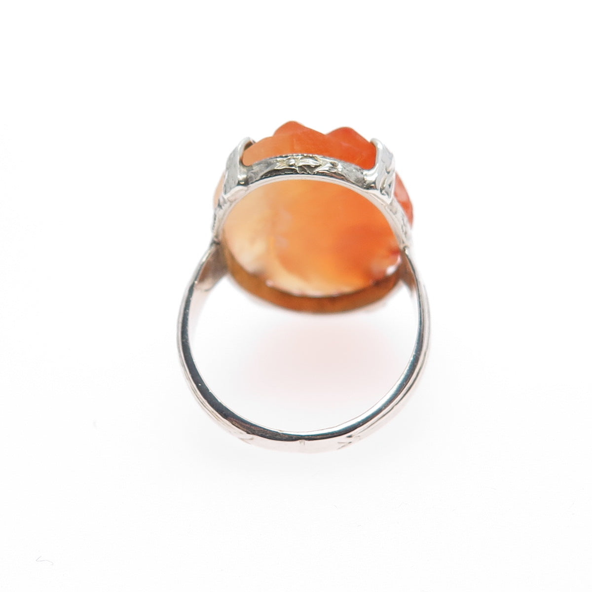 925 Sterling Silver Antique China Real Carved Orange Jade Floral Ring Size 2.75