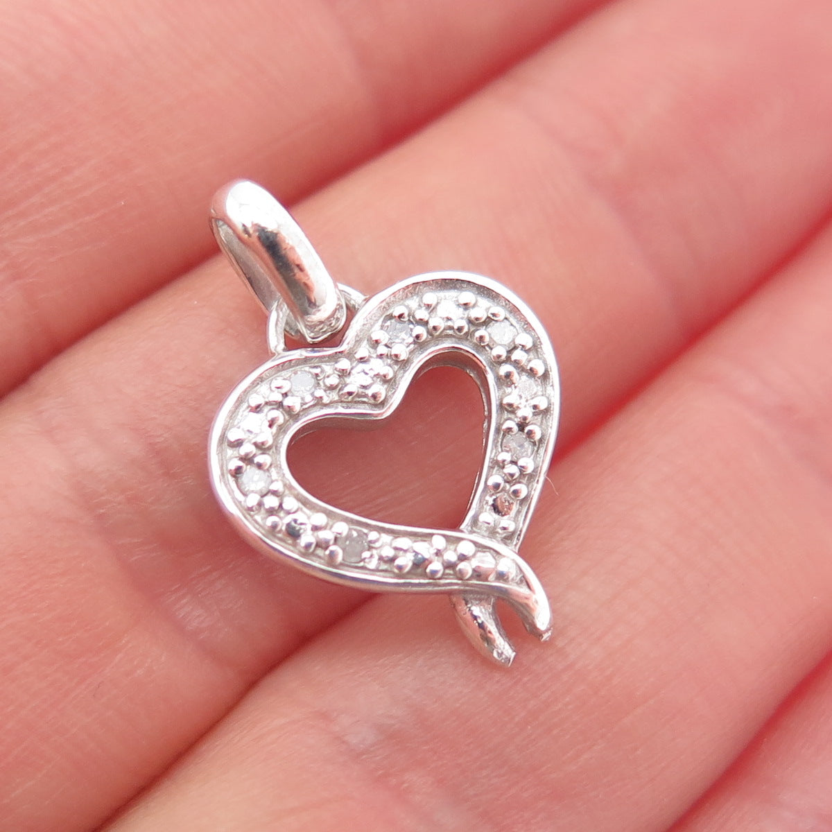 925 Sterling Silver Real Round-Cut Diamond Heart Mini Charm Pendant