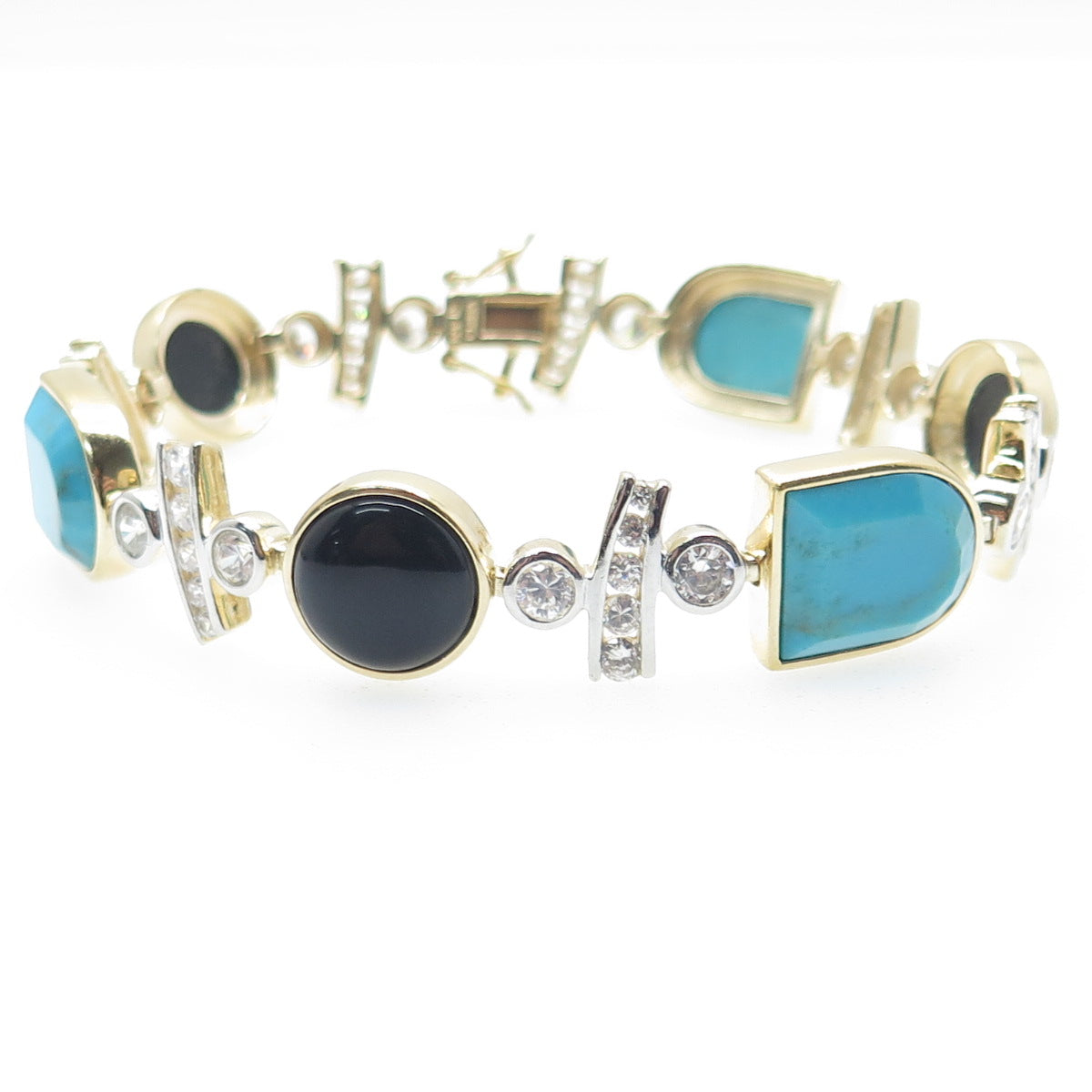 ROSS SIMONS 925 Sterling Silver Gold Plated Real Turquoise Onyx C Z Bracelet 8"