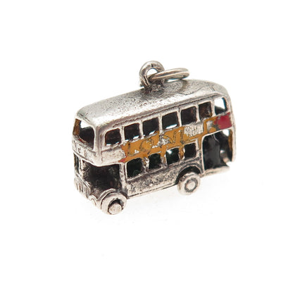 925 Sterling Silver Vintage Enamel London Double Decker Open Bus 3D Mini Pendant