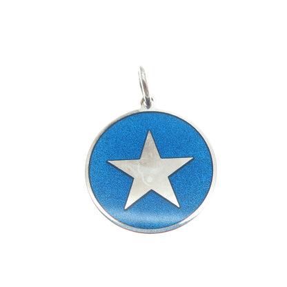 925 Sterling Silver Blue Enamel Star Round Tag Minimalist Charm Pendant