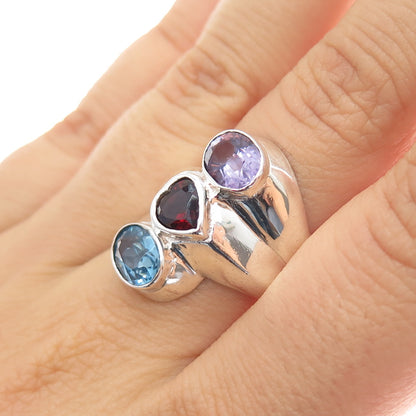 925 Sterling Vintage Real Blue Topaz Red Garnet & Amethyst Heart Ring Size 8