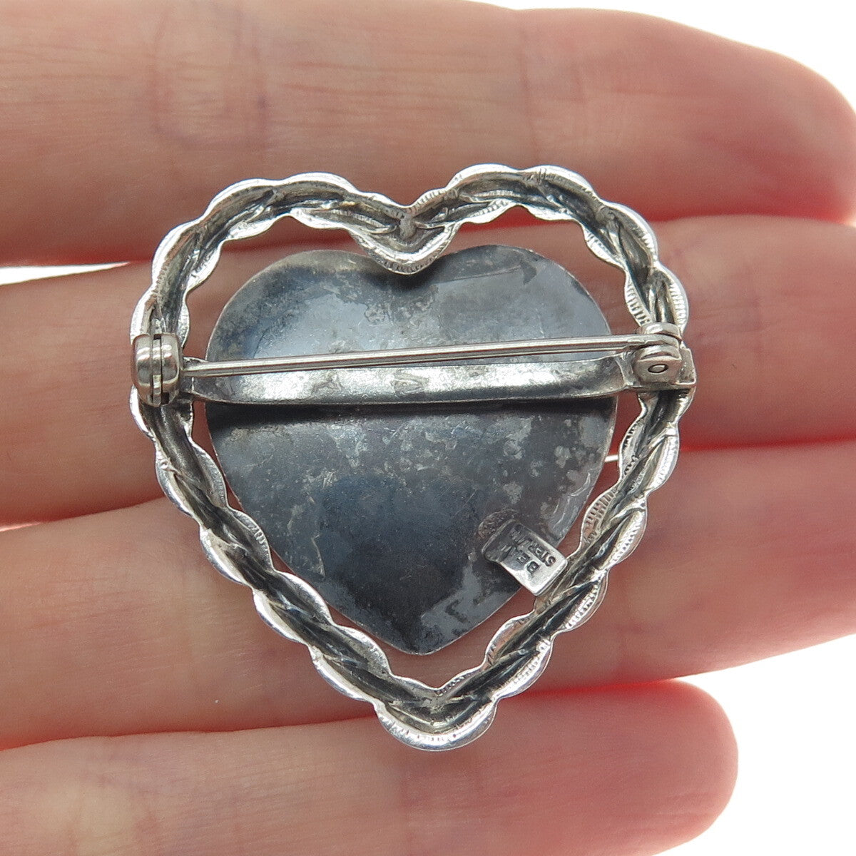 BEAU 925 Sterling Silver Antique Art Deco Engravable Heart Oxidized Pin Brooch