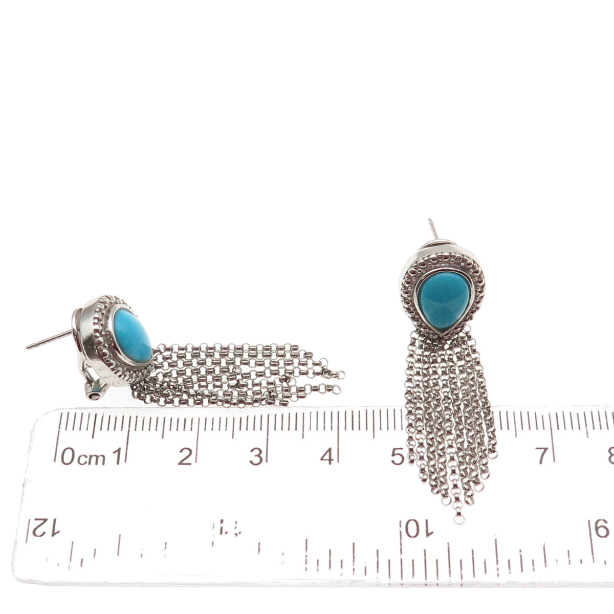 Chapal Zenray 925 Sterling Silver Real Turquoise Tassel Omega Back Earrings