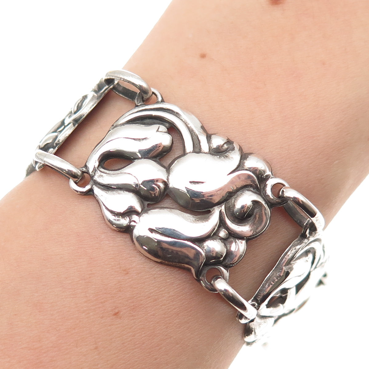 925 Sterling Silver Antique Art Deco Floral Oxidized Panel Link Bracelet 6.75"
