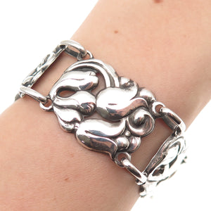 925 Sterling Silver Antique Art Deco Floral Oxidized Panel Link Bracelet 6.75"