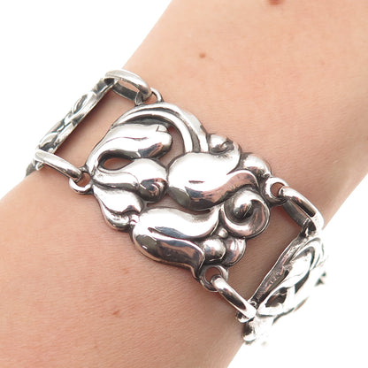 925 Sterling Silver Antique Art Deco Floral Oxidized Panel Link Bracelet 6.75"