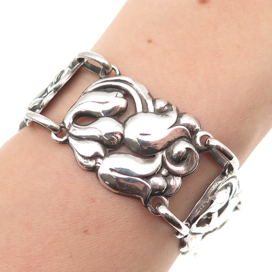 925 Sterling Silver Antique Art Deco Floral Oxidized Panel Link Bracelet 6.75"