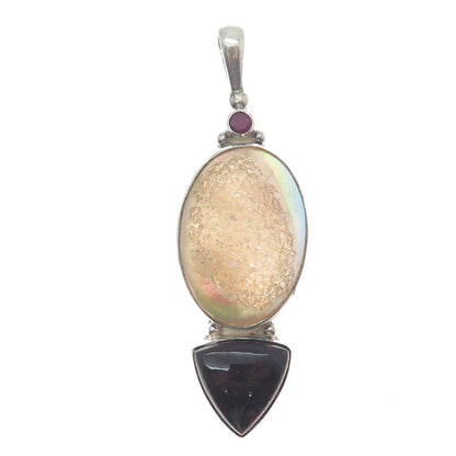 SAJEN 925 Sterling Silver Vintage Real Druzy Jasper & Ruby Gem Amulet Pendant