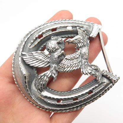 925 Sterling Silver Vintage Mexico Plata Horseshoe & Phoenix Birds Pin Brooch