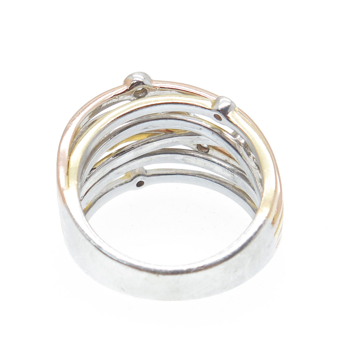 925 Sterling Silver 3-Tone Round-Cut C Z Station Crisscross Ring Size 7.25