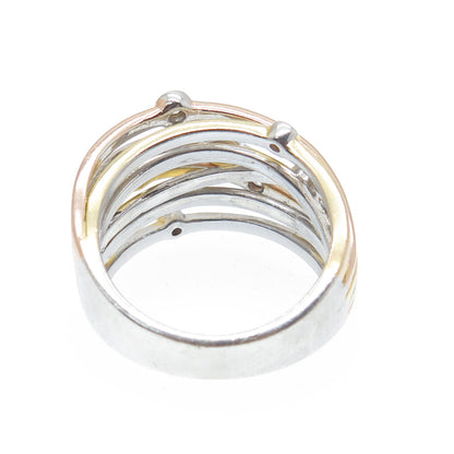 925 Sterling Silver 3-Tone Round-Cut C Z Station Crisscross Ring Size 7.25
