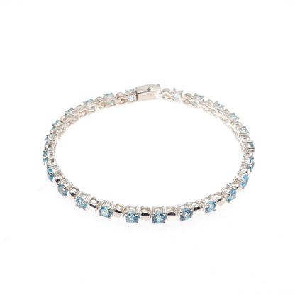 925 Sterling Silver Vintage Real Round-Cut Blue Topaz Tennis Link Bracelet 7.5"