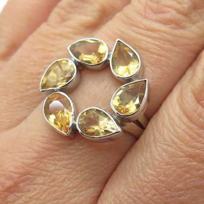 925 Sterling Silver Real Pear-Cut Citrine Gemstone Modernist Ring Size 7
