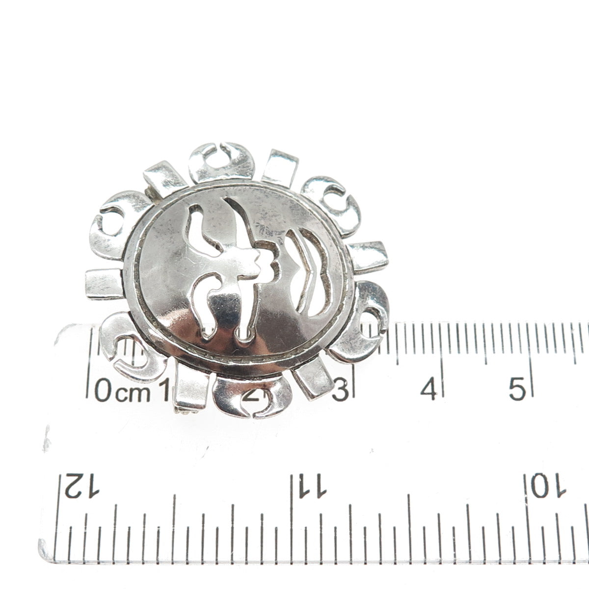 925 Sterling Silver Vintage Mexico Sun Face Modernist Oxidized Pin Brooch