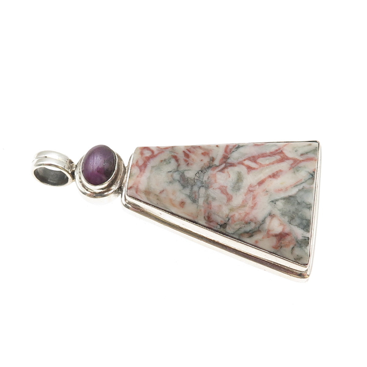 925 Sterling Silver Vintage Real Moss Agate & Ruby Large 27.0g Pendant