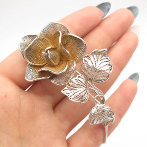 900 Coin Silver Vintage Rose Floral Filigree Pin Brooch