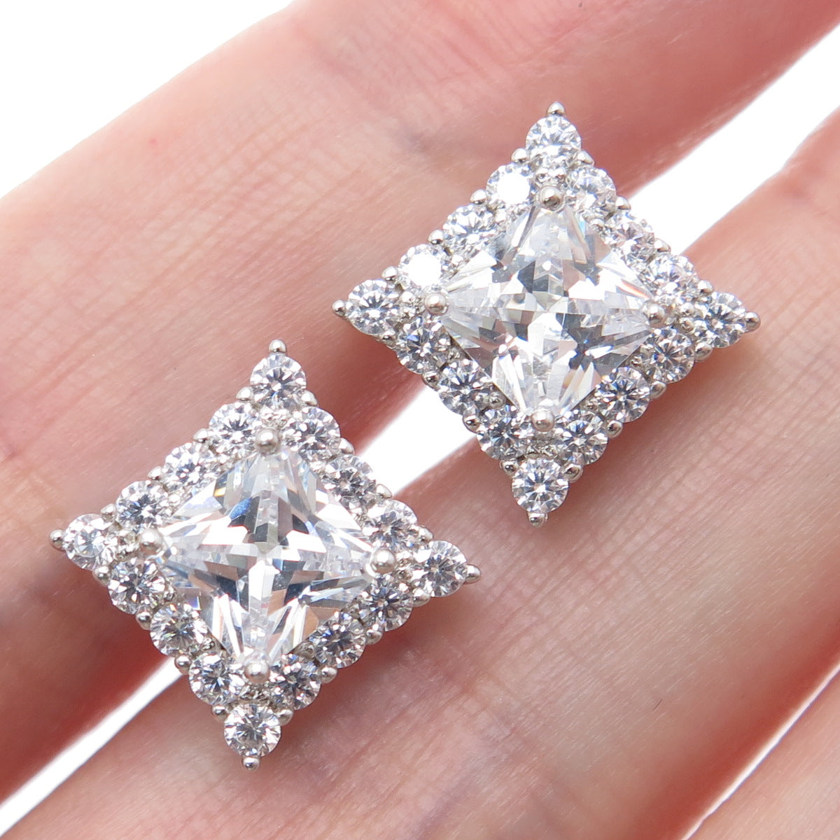 925 Sterling Silver Princess & Round-Cut C Z Sparkle Square Stud Earrings