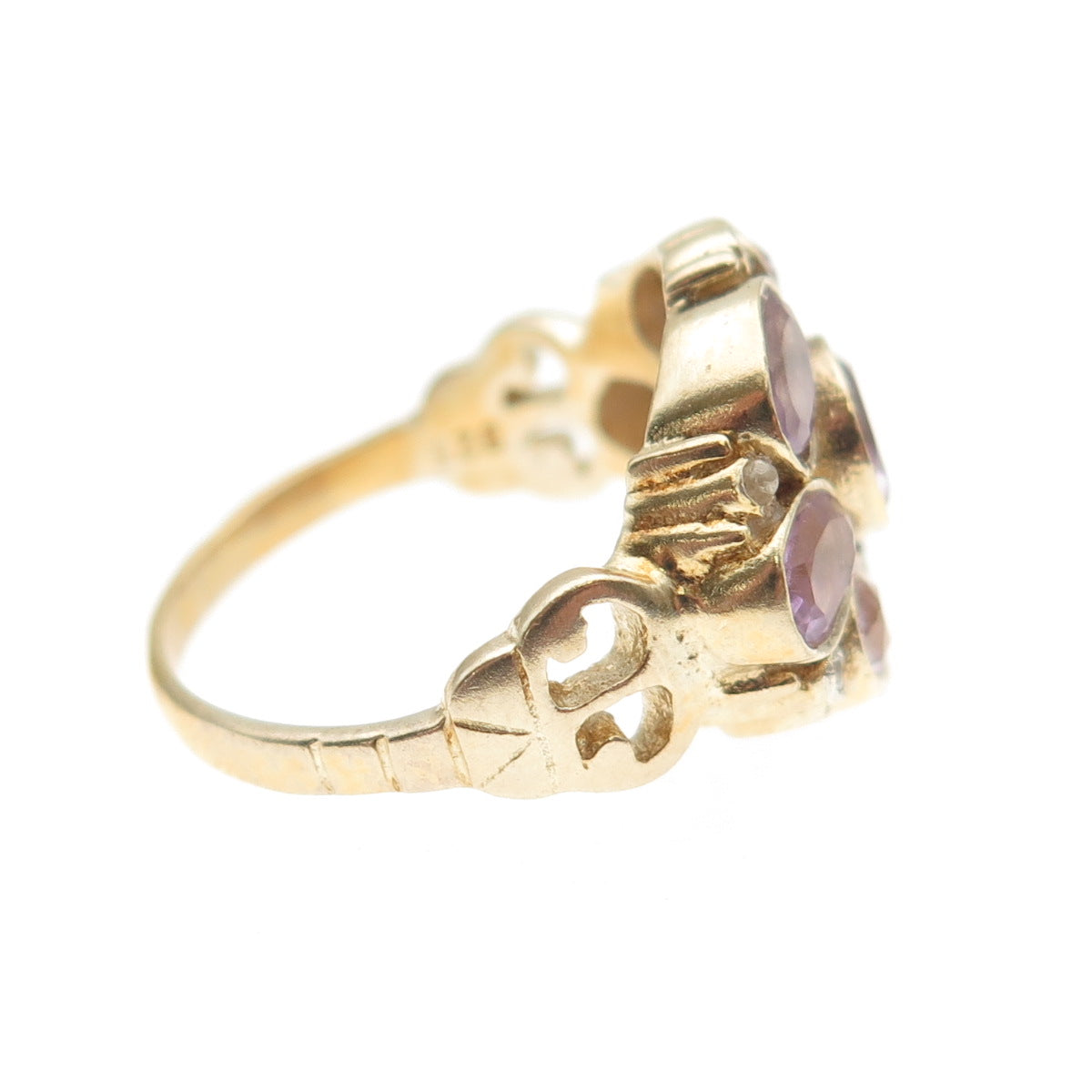 925 Sterling Silver Gold Plated Vintage Real Amethyst & C Z Ring Size 5.25