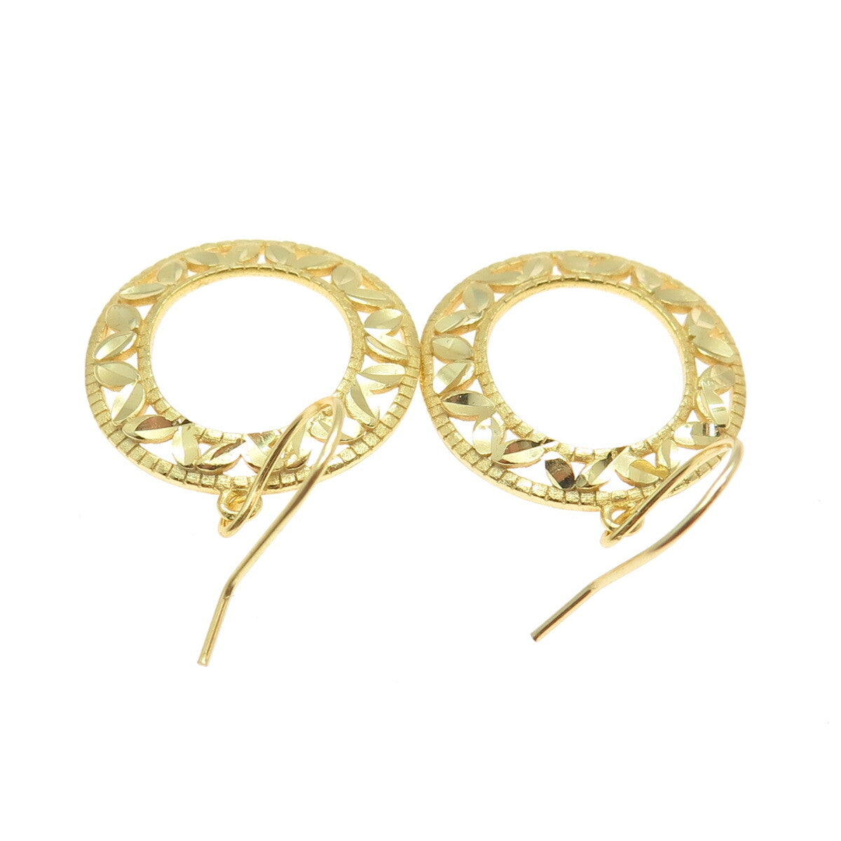925 Sterling Silver Gold Plated Diamond-Cut Floral Leaf Dangle Earrings