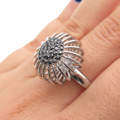 925 Sterling Silver Real Round-Cut Black Spinel Modernist Flower Ring Size 7.25