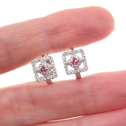 925 Sterling Silver Pink & White C Z Hoop Earrings