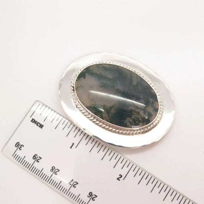 925 Sterling Silver Vintage Real Large Agate Gemstone Pin Brooch
