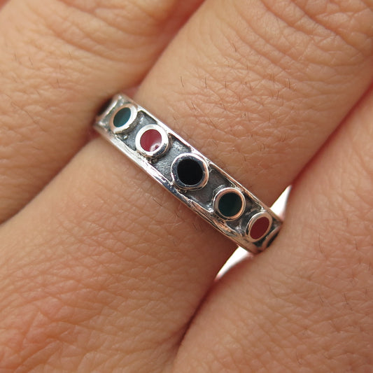 925 Sterling Silver Vintage Multi-Color Enamel All Around Band Ring Size 7.5