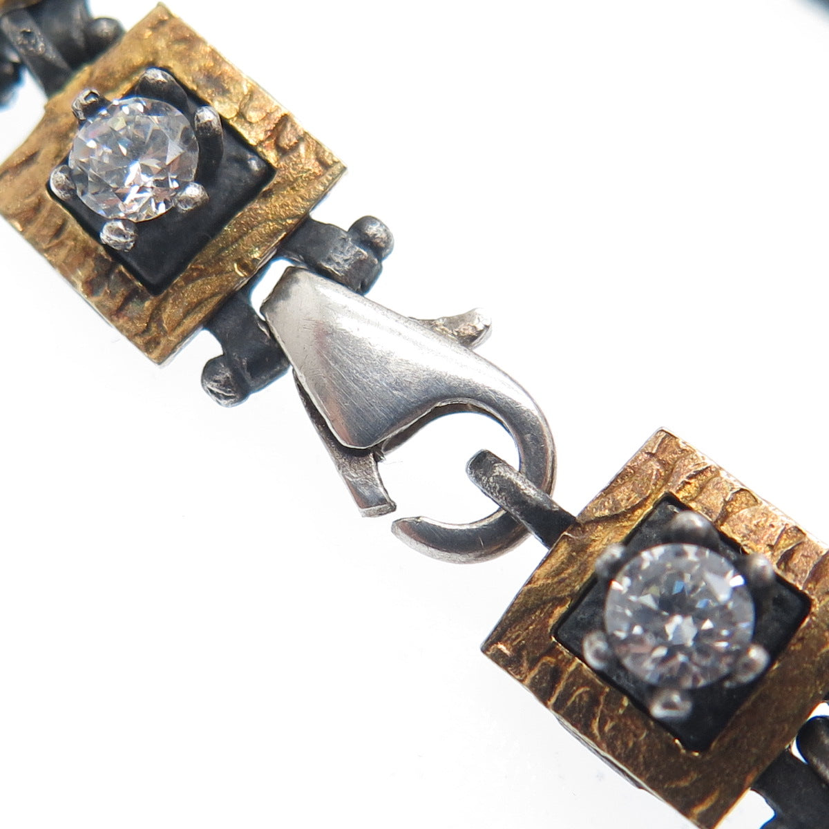 925 Sterling Silver 2-Tone Vintage C Z Modernist Panel Link Oxidized Bracelet 7"