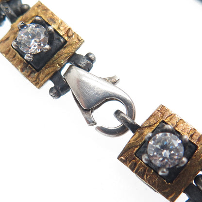 925 Sterling Silver 2-Tone Vintage C Z Modernist Panel Link Oxidized Bracelet 7"