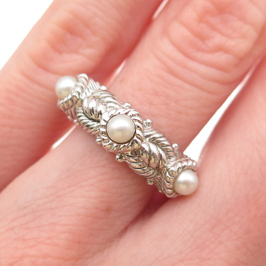 Judith Ripka 925 Sterling Silver Vintage Real Pearl Station Ring Size 6