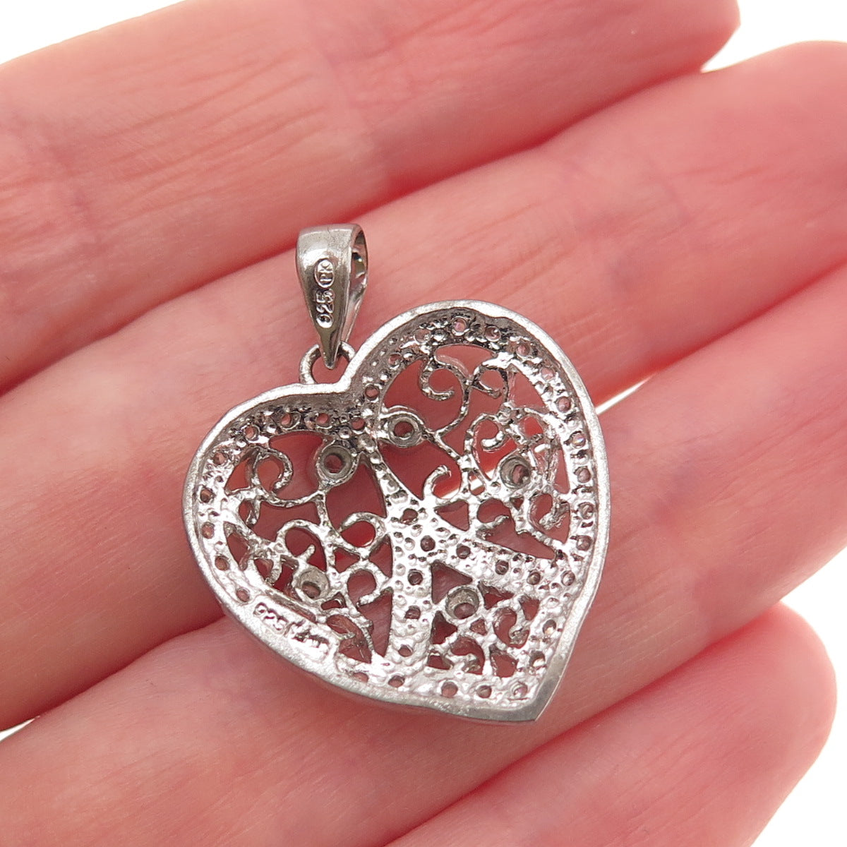 925 Sterling Silver Round-Cut C Z Floral Heart Charm Pendant
