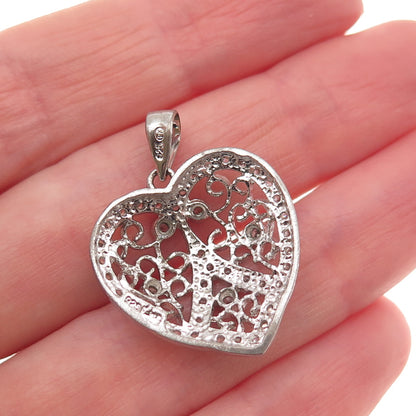 925 Sterling Silver Round-Cut C Z Floral Heart Charm Pendant