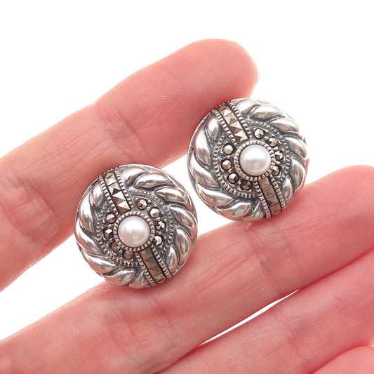 Judith Jack Sterling Silver Vintage Real Pearl & Marcasite Omega Back Earrings