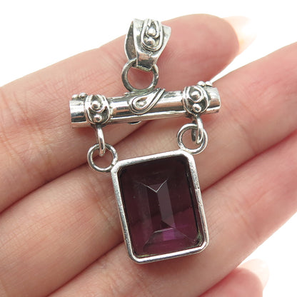 925 Sterling Silver Vintage Real Amethyst Gemstone Modernist Pendant