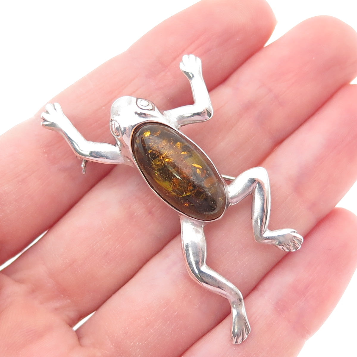 925 Sterling Silver Vintage Real Amber Frog For Good Luck Pin Brooch