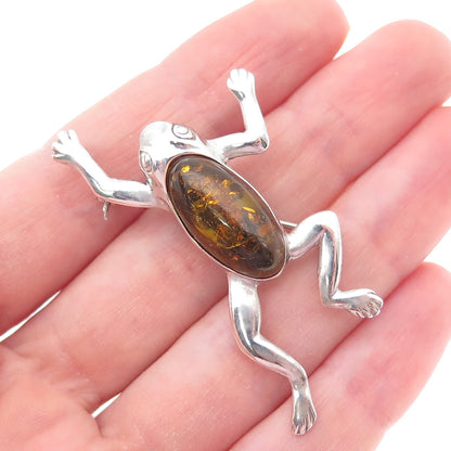 925 Sterling Silver Vintage Real Amber Frog For Good Luck Pin Brooch