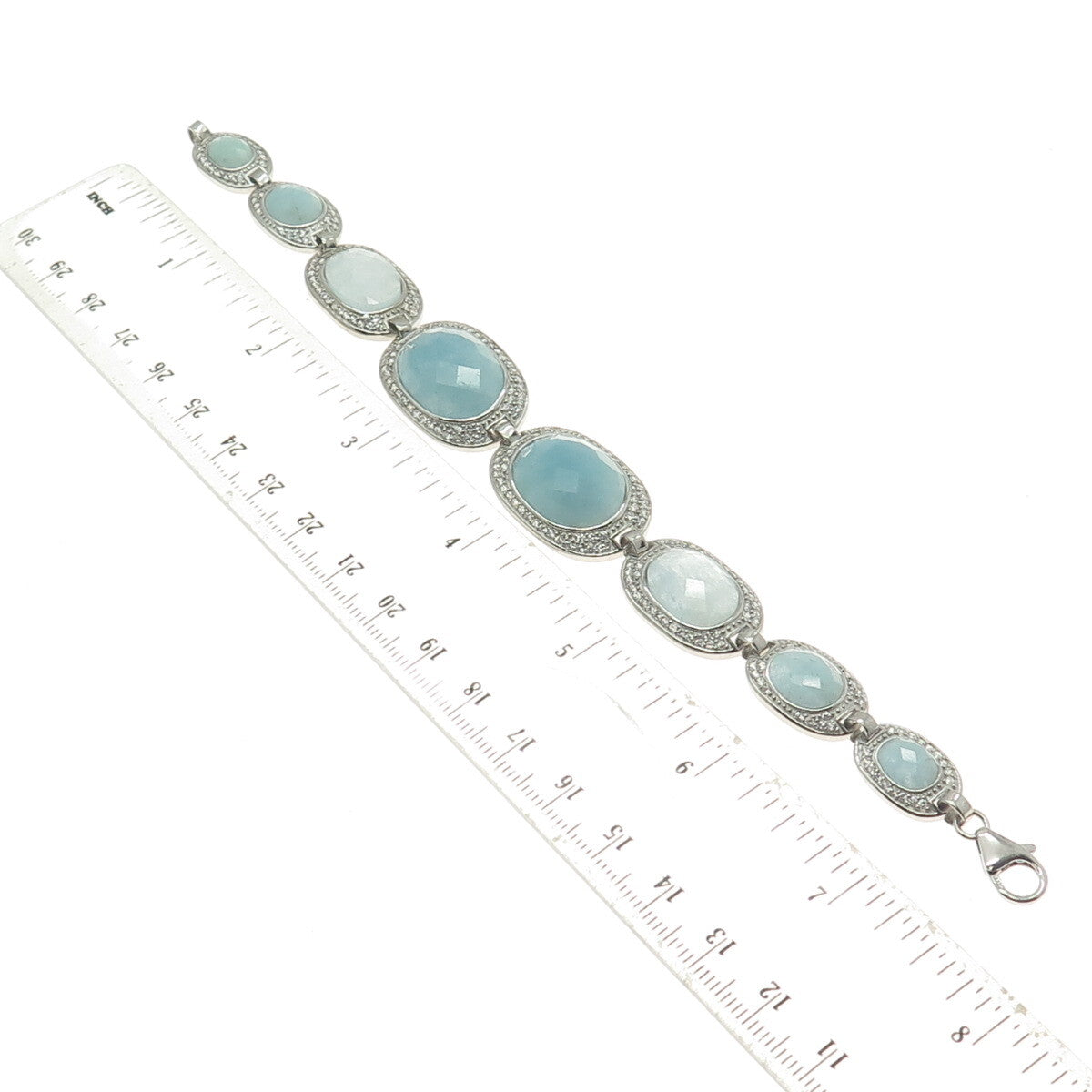 925 Sterling Silver Real Milky Aquamarine & C Z Bracelet 7.25"