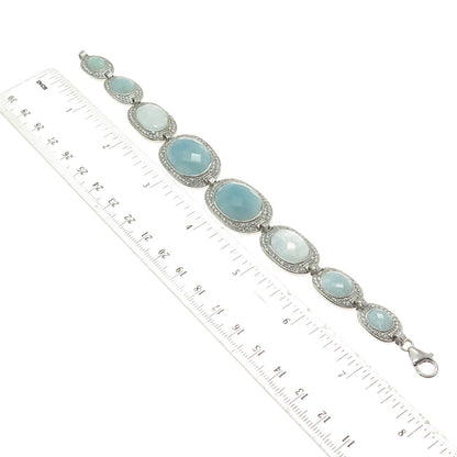 925 Sterling Silver Real Milky Aquamarine & C Z Bracelet 7.25"
