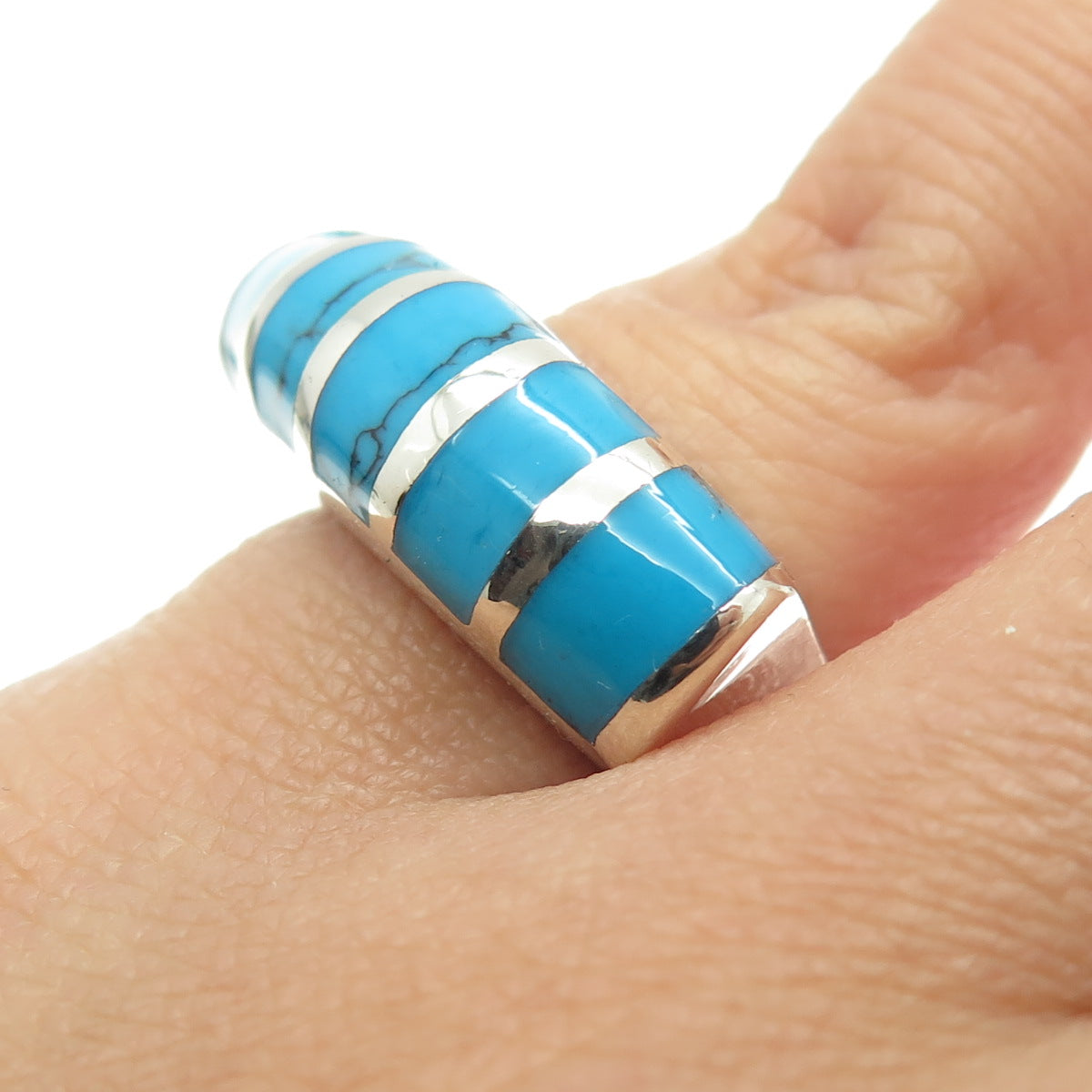 925 Sterling Silver Vintage Real Turquoise Modernist Dome Ring Size 5.5