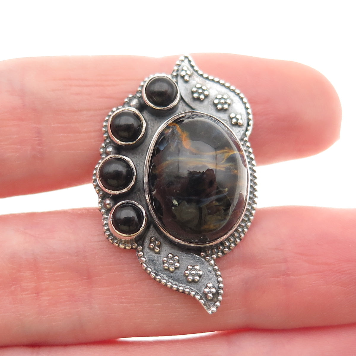 925 Sterling Silver Vintage Real Black Tiger Eye & Onyx Modernist Ring Size 6.25