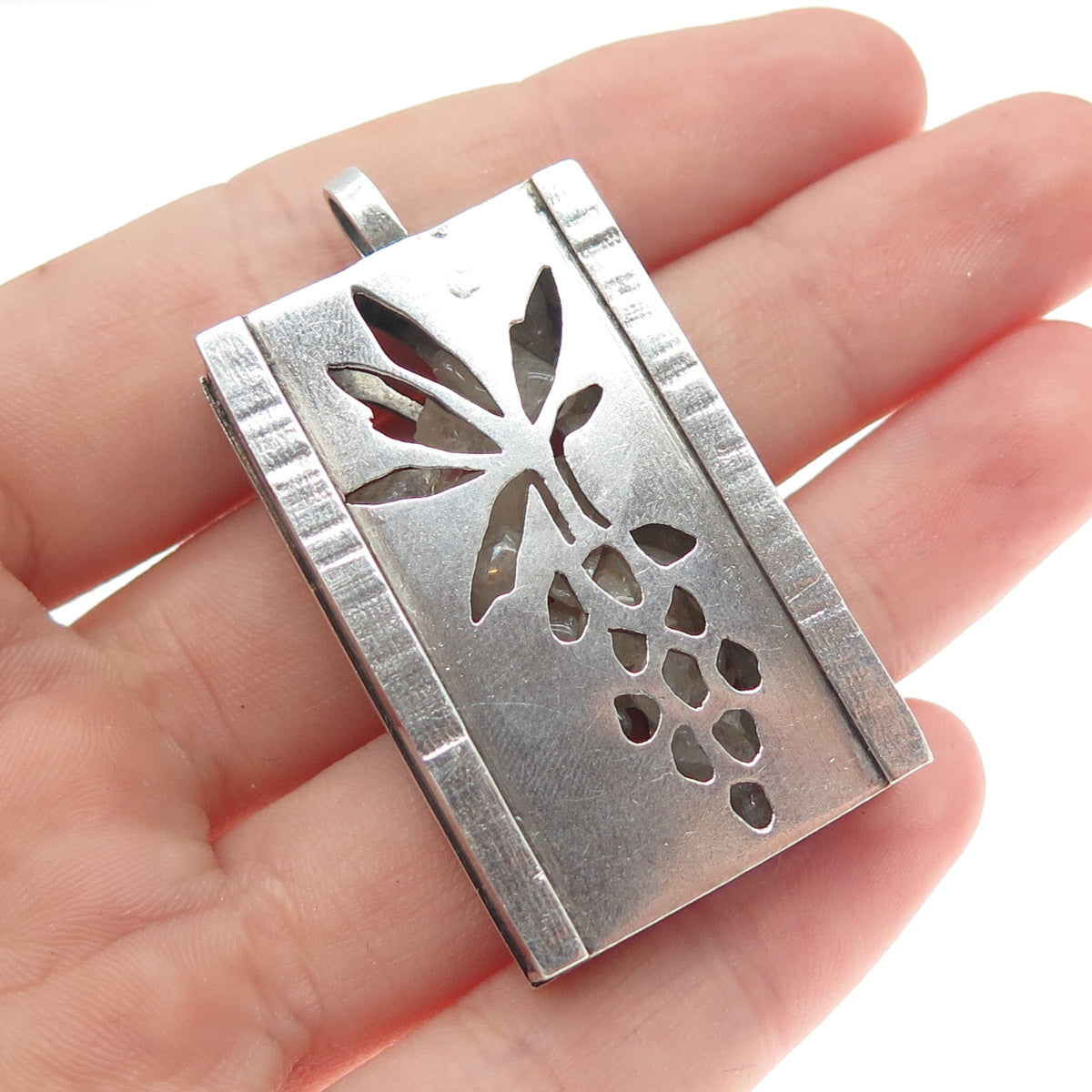 925 Sterling Silver Vintage Real Quartz Grape Shadow Box Oxidized Charm Pendant