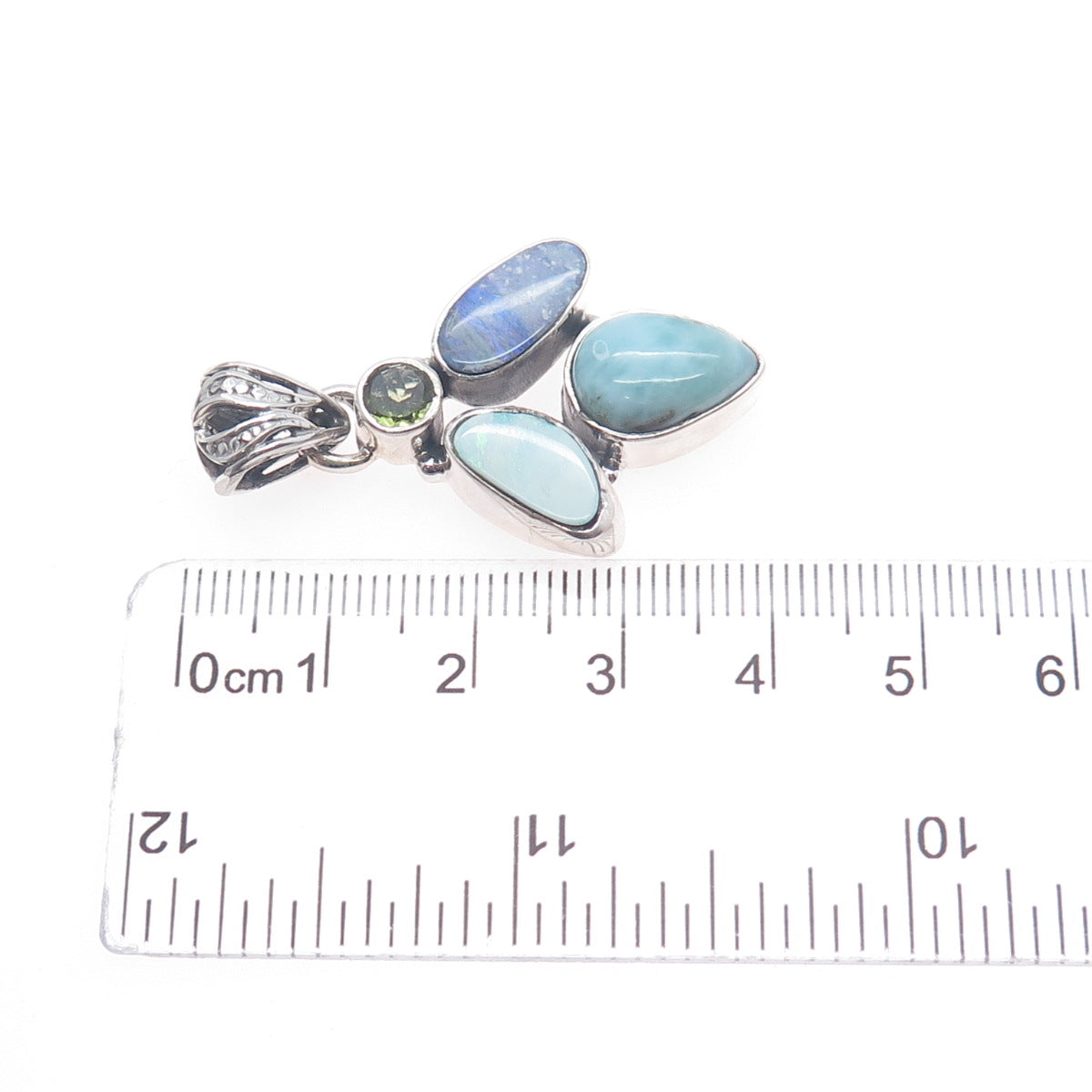 925 Sterling Silver Vintage Real Larimar Opal & Peridot Modernist Charm Pendant