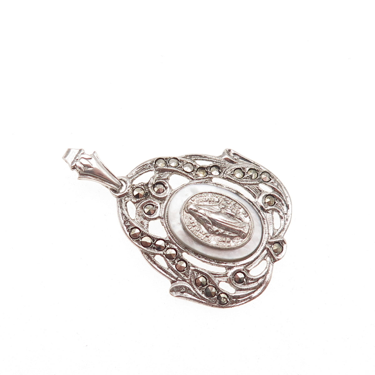 925 Sterling Silver Antique Art Deco Real MOP & Marcasite St. Mary Charm Pendant
