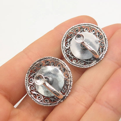 925 Sterling Silver Vintage Topazio Cannetille Round Screw Back Earrings