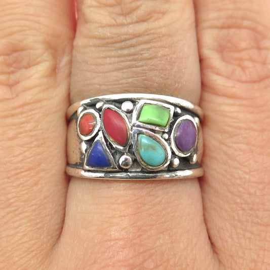 925 Sterling Silver Vintage Real Turquoise Coral Lapis Sugilite Ring Size 8.25