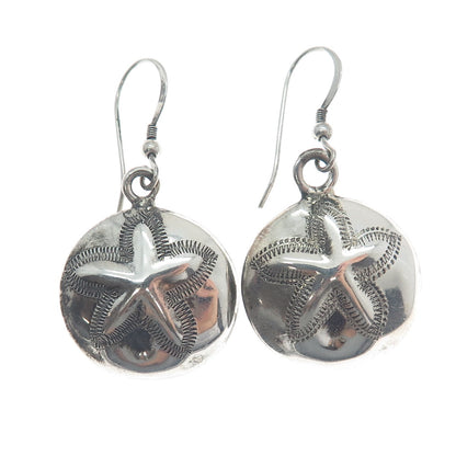 925 Sterling Silver Vintage Mexico Sand Dollar Oxidized Dangle Earrings