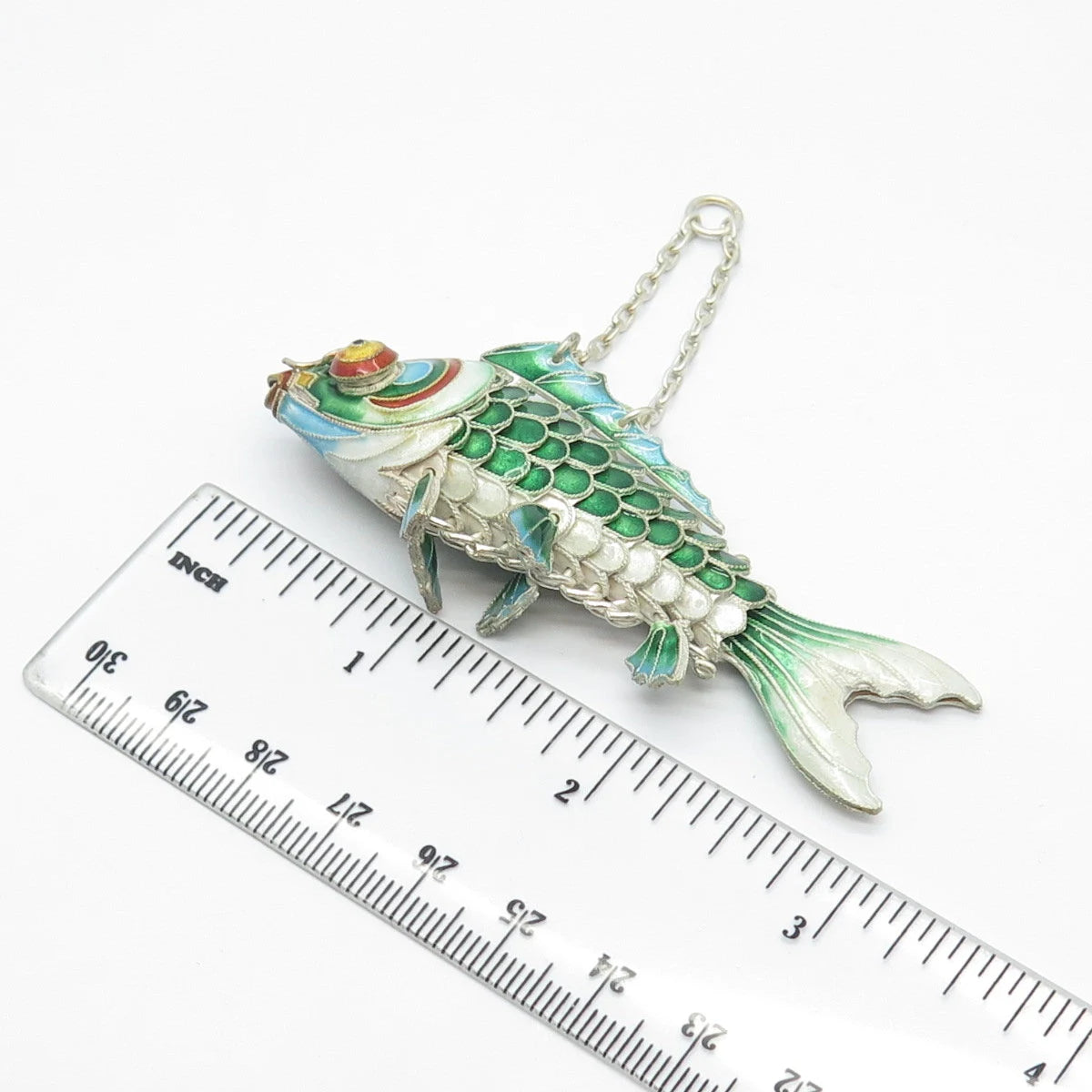 925 Sterling Silver Enamel Antique Chinese Koi Fish Chatelaine Pendant / Fob