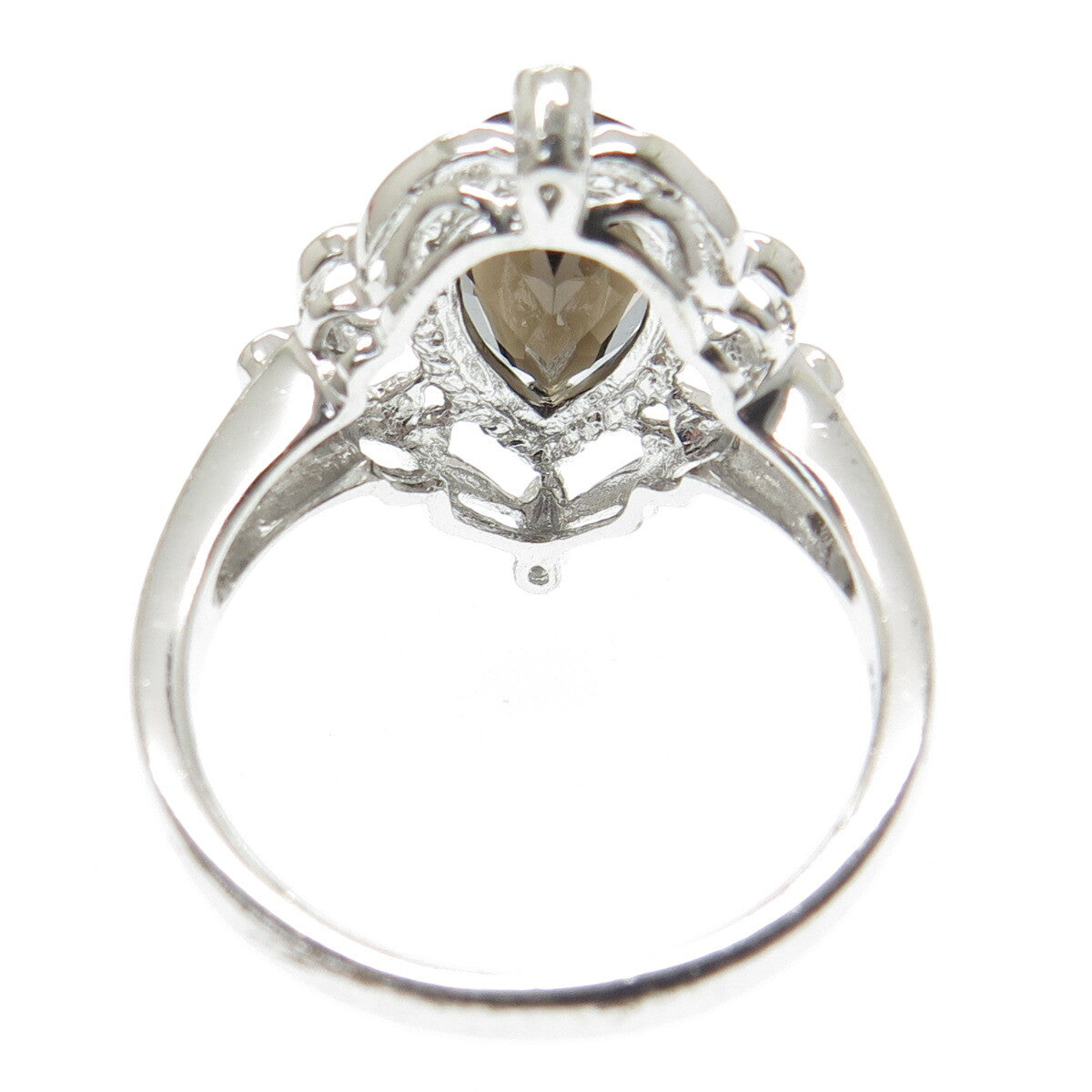 925 Sterling Silver Real White Diamond & Smoky Quartz Ornate Ring Size 10.25